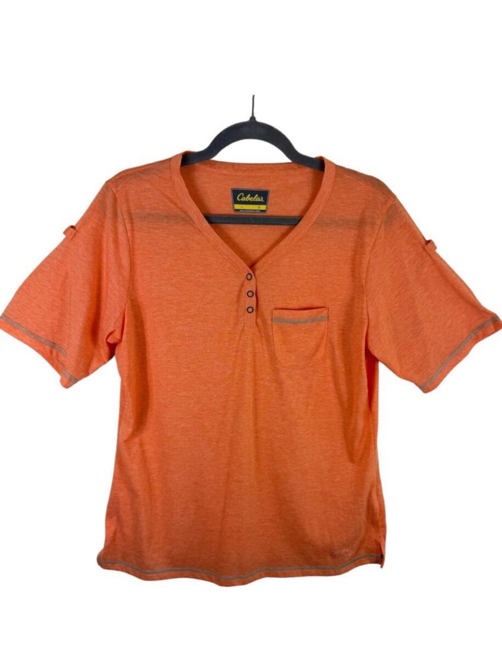 Cabela's Orange Short Sleeve V-Neck 1/4 Snap Cuffed Sleeve Lightweight T-Shirt L
